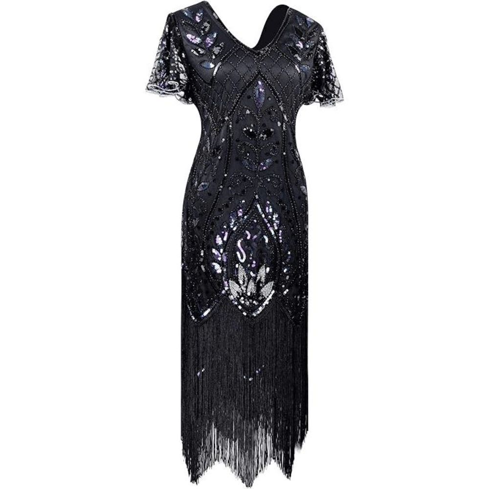 ✨ Flapper Great Gatsby 1920s Retro Tassel Fringe Sequin Midi Black Dress XL NEW - Picture 4 of 13